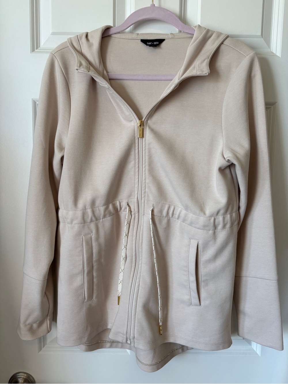 Saint + Sofia Cream Zip-Front Hoodie with Drawcord Waist